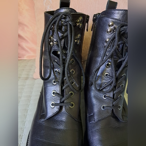 Vintage NAPOLEONI Black Leather Combat Moto Boots Zip Lace Up Italian Size 40 - Picture 4 of 13